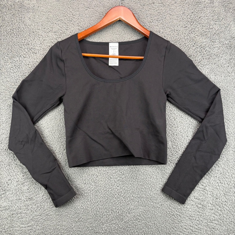 Athleta Ribbed Long Sleeve Cropped Top Black Athletic Athleisure Women's Size S